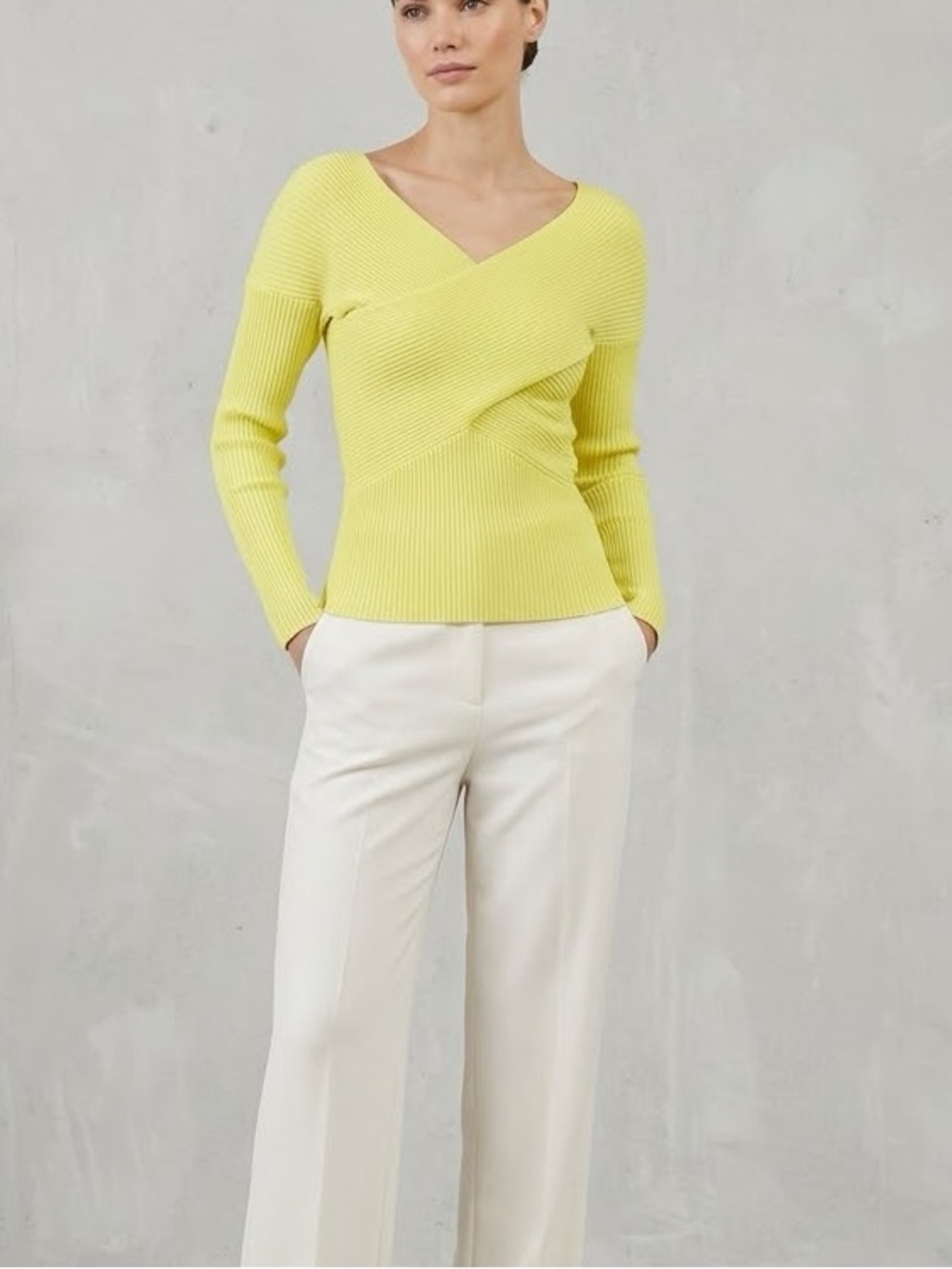 The Fold Lemon Yellow Criss Cross Ribbed Long Sleeve Top Size Small Loud Luxury